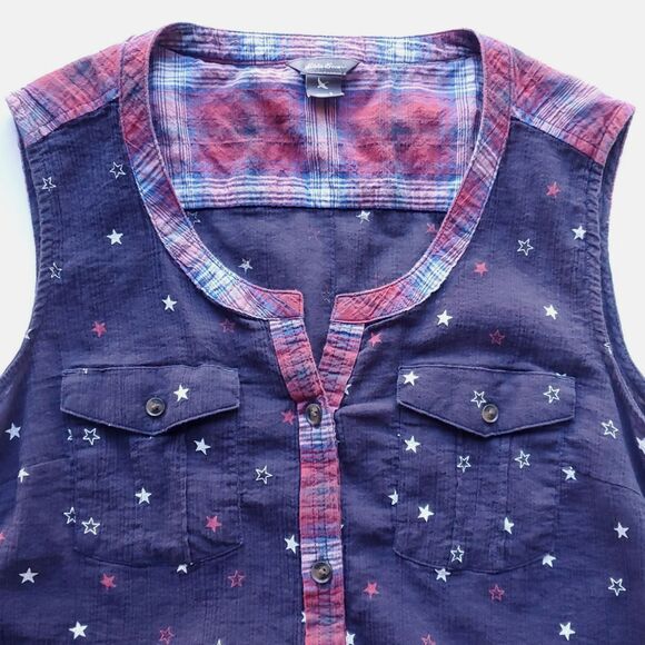 Eddie Bauer Sleeveless Top Sz S Navy Blue Red White Stars Plaid Trim 4th of July - Picture 3 of 8